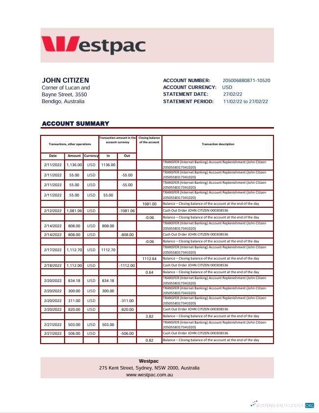 Download Australia Westpac bank statement excel Photoshop template